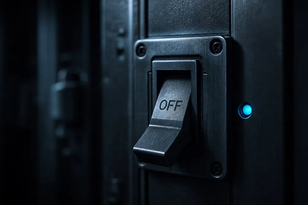 An industrial switch set to off, a single blue status light beside it