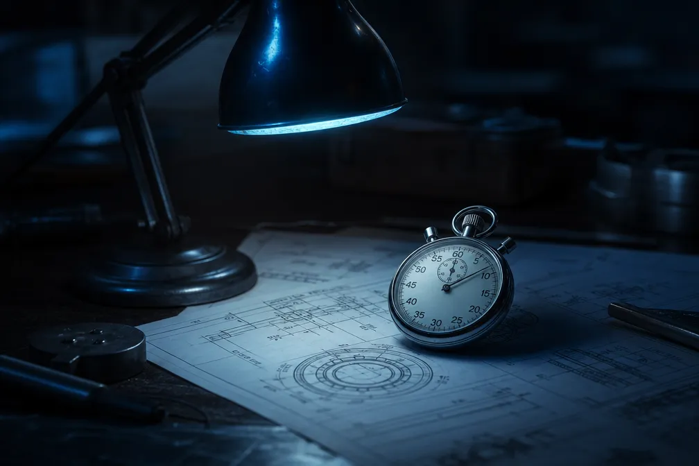 A stopwatch resting on technical drawings under a desk lamp