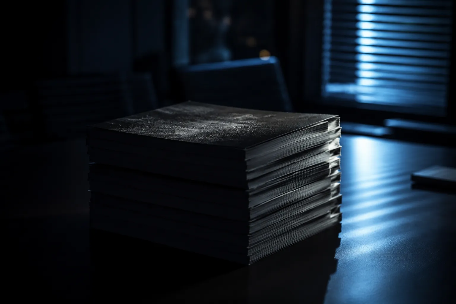 A thick stack of strategy documents on a boardroom table at night